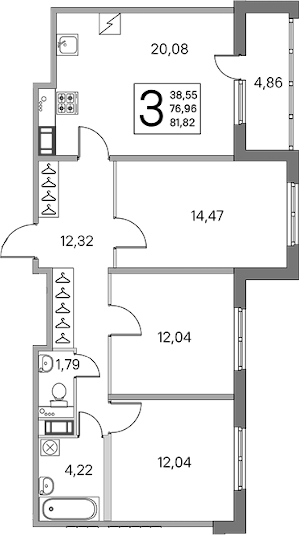 3-комнатная квартира 76.96 м², 3/5 эт., ЖК «ЮгТаун. Олимпийские кварталы»